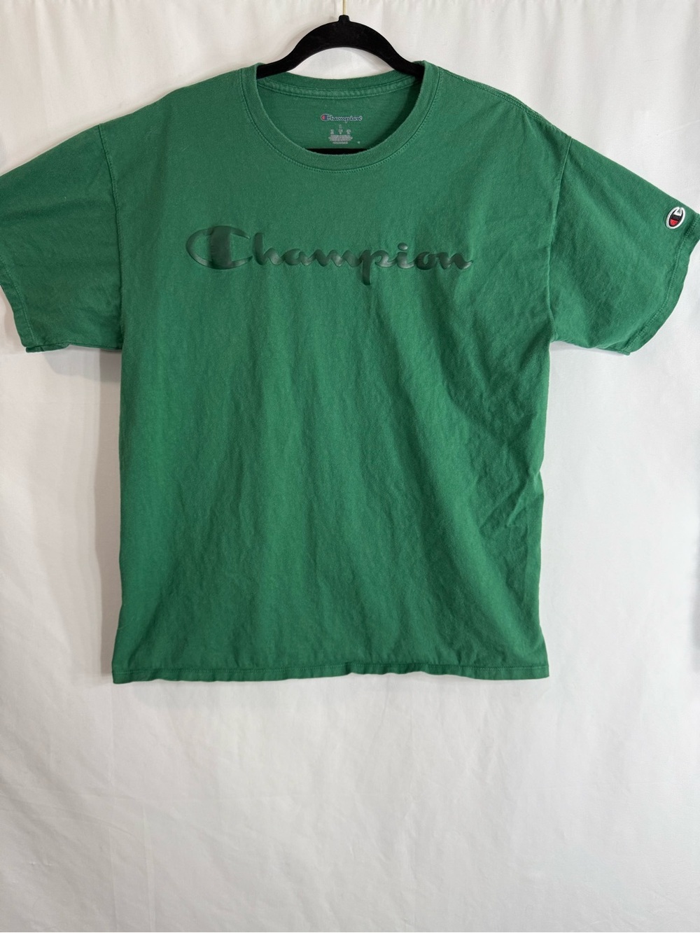 Champion Green Tonal Logo T Shirt Men’s Embroidered Script Logo Tee, Size L